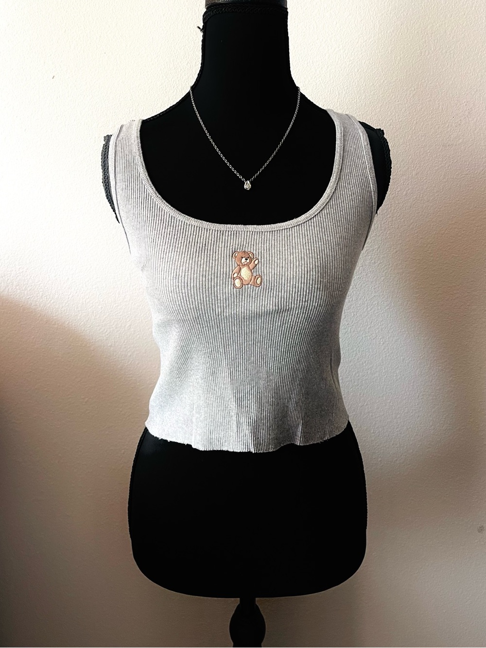Brandy Melville Light Gray Ribbed Tank with Teddy Patch